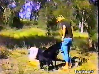 Animal sex outdoor. Dog fucking wife on front of husband